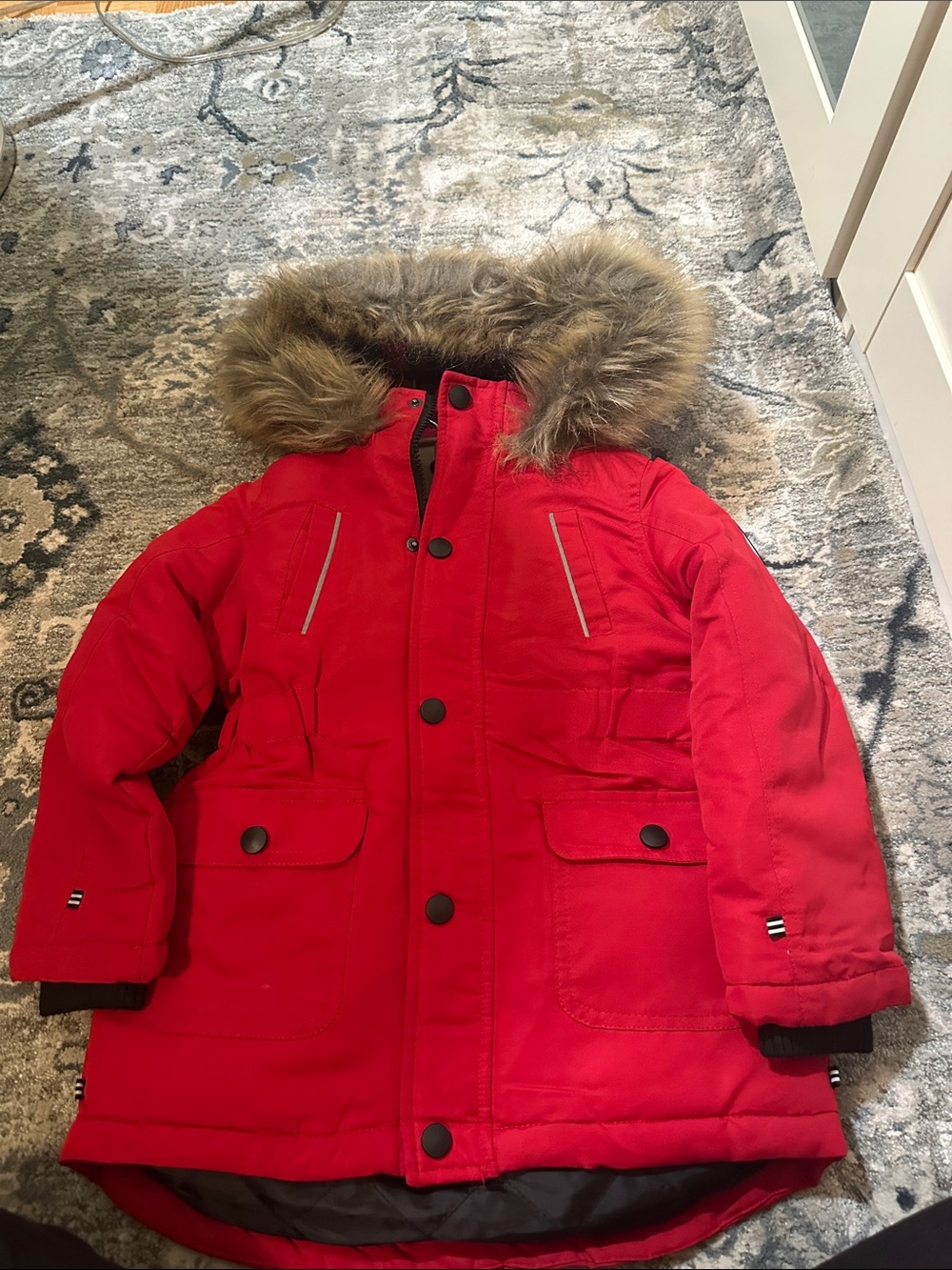 Kids Red Puffer Parka with Faux Fur Hood